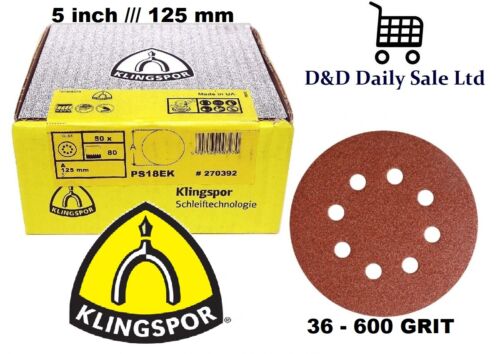 125 mm Sanding Discs / Hook&Loop 8 hole pads 5'' KLINGSPOR 36 - 600 GRIT 5 inch - Afbeelding 1 van 7