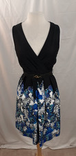 Spense Women's 6 Black Blue Floral Crochet Back Sleeveless V-Neck Dress Pockets