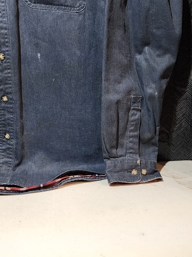 LL Bean Mens Large Shirt Denim Blue Red Plaid OMS96 Distressed VINTAGE - Picture 5 of 7