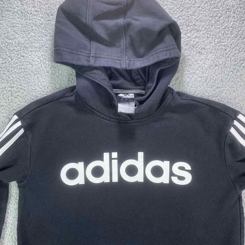 Adidas Sweatshirt Small Kids Black Fleece Hoodie Spell Out Logo 3 Stripe - Picture 10 of 15