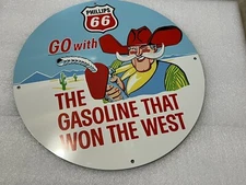 Cowboy Phillips 66 Gasoline Heavy Steel Sign Vintage Metal Style Oil Has