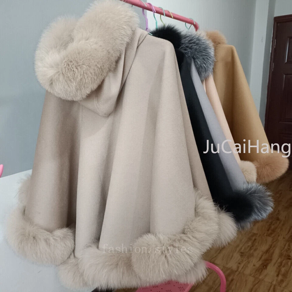 Abrigo cárdigan con capucha y capa de lana para mujer con ribete de piel de zorro alrededor de chales Foto 3 de 4