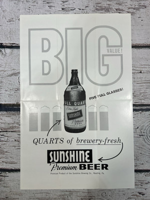 VTG Big Value Sunshine Premium Beer Reading PA Paper Advertising Sign Flyer