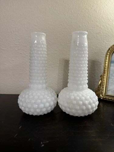 Vintage White Milk Glass Hobnail Round Bud Vases 6 Inch (Pair)