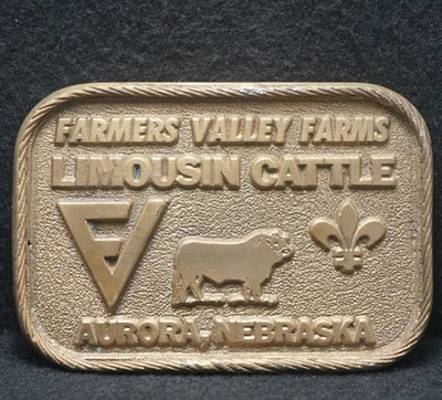 XE15136 VINTAGE 1979 **FARMERS VALLEY FARMS LIMOUSIN CATTLE** BRASS BELT BUCKLE