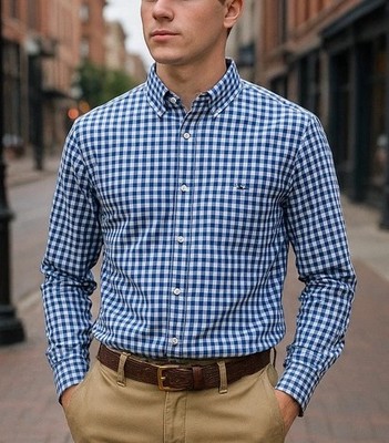 Vineyard Vines Teen Long Sleeve Button Up Whale Shirt Blue Check Size X-Large 18