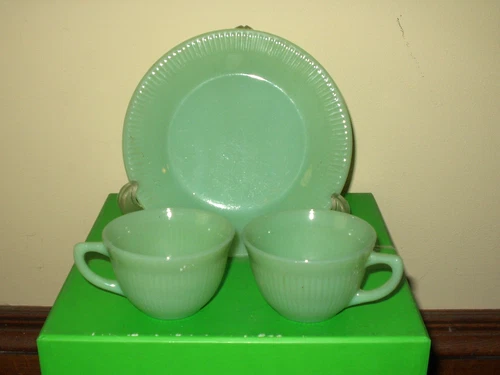 TWO Vintage Fire King Jadeite Coffee/Tea cups & 7 7/8" Plate - Flaw