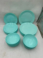 36 PCS  AQUA  DISH SET  12 EACH DINNER & SALAD PLATES, CEREAL BOWLS  **READ**