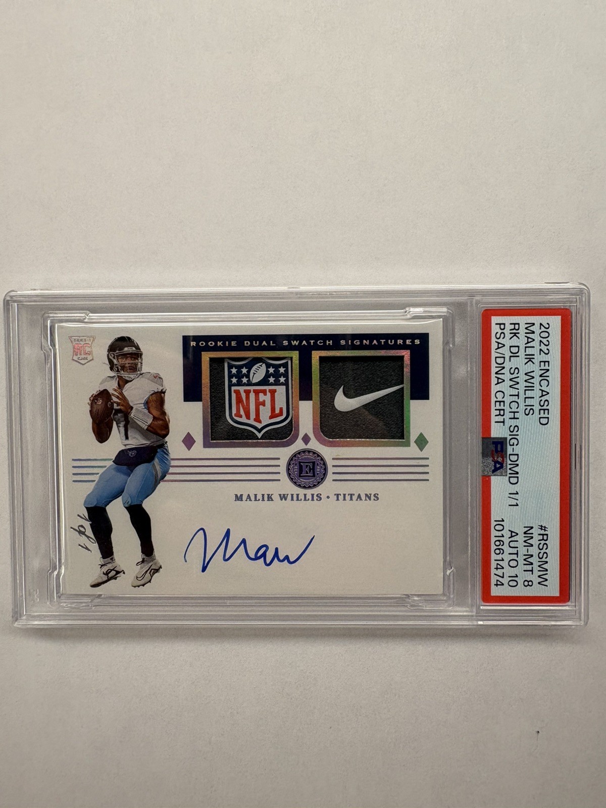 2022 Panini Encased Malik Willis Auto-Dual Patch NFL Shield/Nike - RPA 1/1 PSA 8 view 2