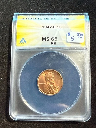 1942 D LINCOLN WHEAT CENT ANACS MS 65 RB 124