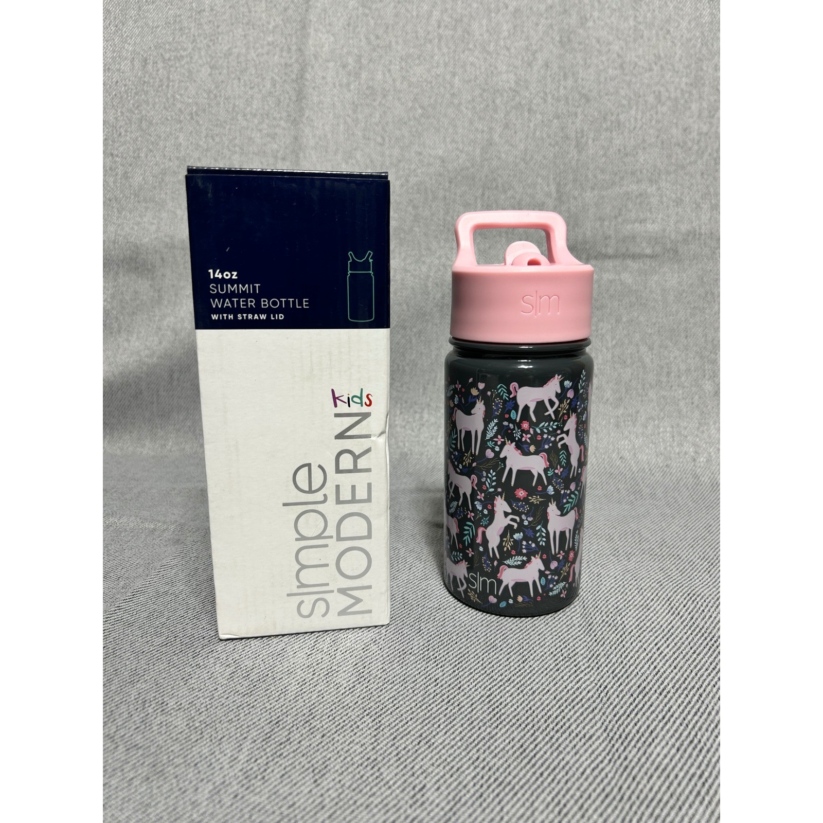 Kids 14oz Gray Pink Unicorn Fields Straw Lid