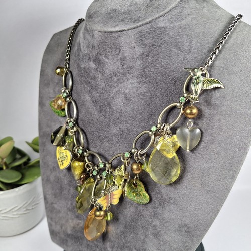Chunky Charm Necklace Green Yellow Mixed Materials Hearts Butterfly Whimsy - Picture 20 of 24