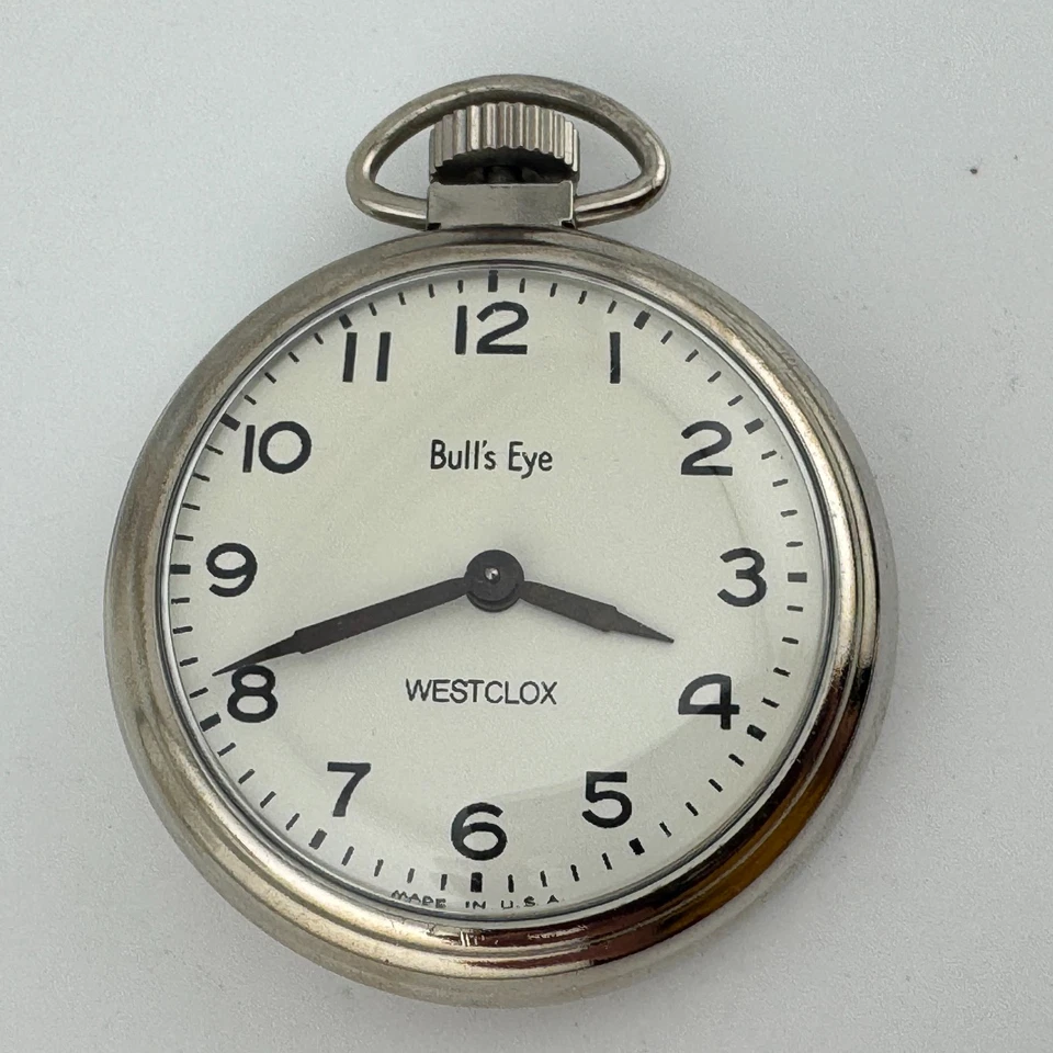 复古 Westclox 公牛眼手动上链机械怀表男式银色白色 — 第 2/4 张图片