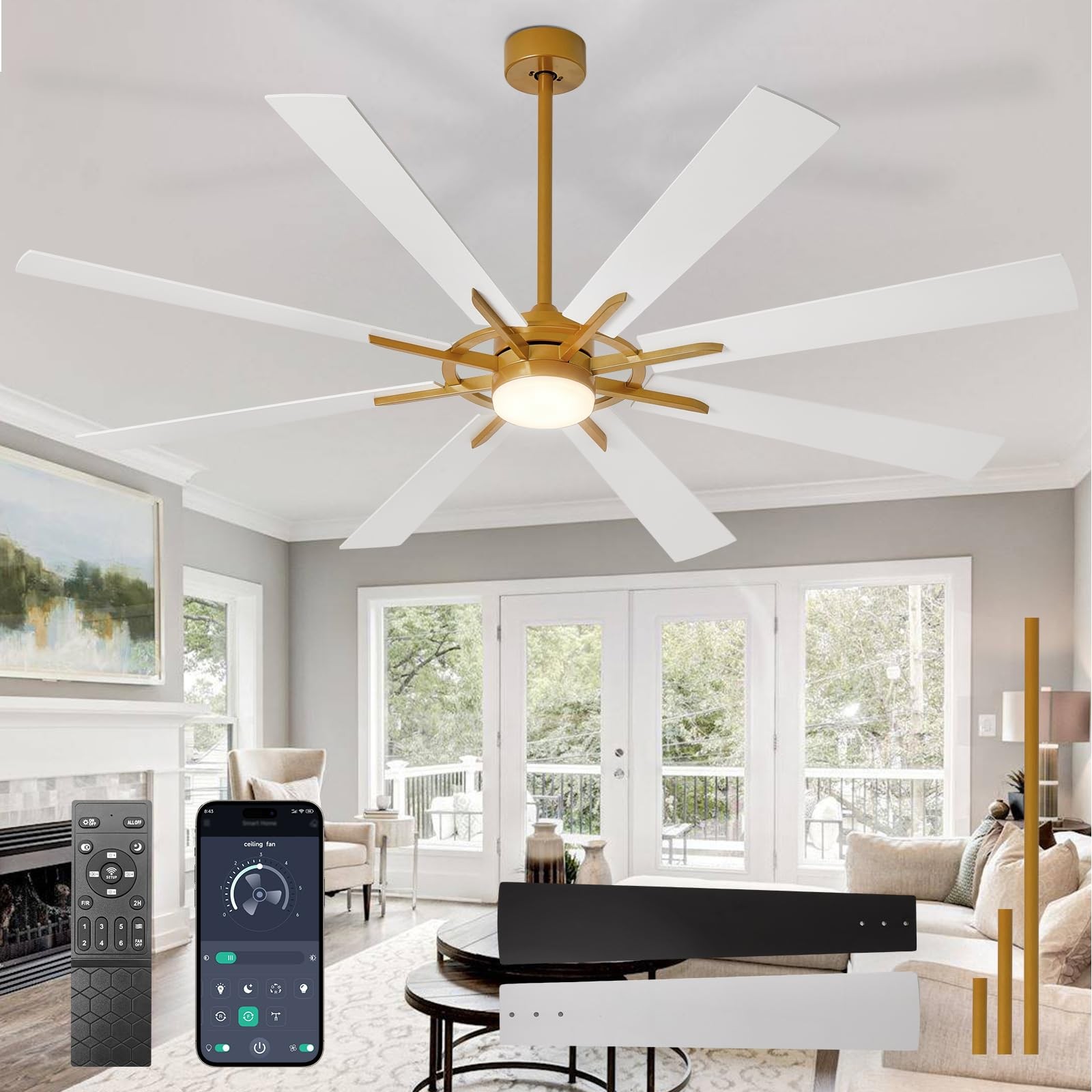 Grand ventilateur de plafond silencieux et lumineux avec moteur réversible