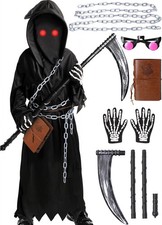 Wuclad Grim Reaper Costume Kids Boys,7 PCS Scary Halloween Costumes for Kid