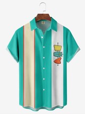 Geometric Pattern Chest Pocket Short Sleeve Bowling Shirt