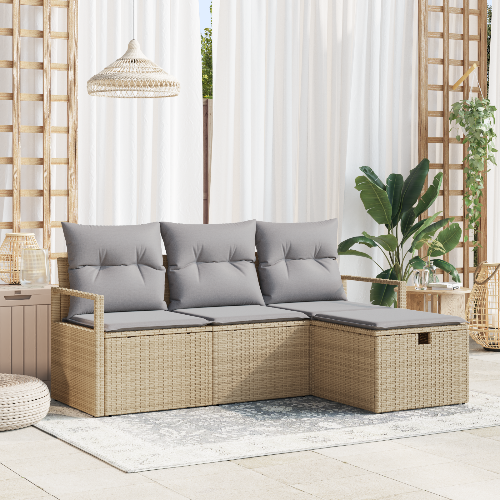 Set divano giardino 4 pezzi con cuscini rattan polimerico beige