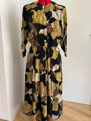 Vintage Maxikleid Print Oliv Schwarz Terrakotta Knopfleiste Gold 40 42 L XL - Bild 1 von 4