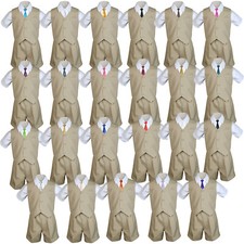 4pcs Khaki Boys Toddler Formal Vest Shorts Suits Color Satin Long Tie Set S-4T
