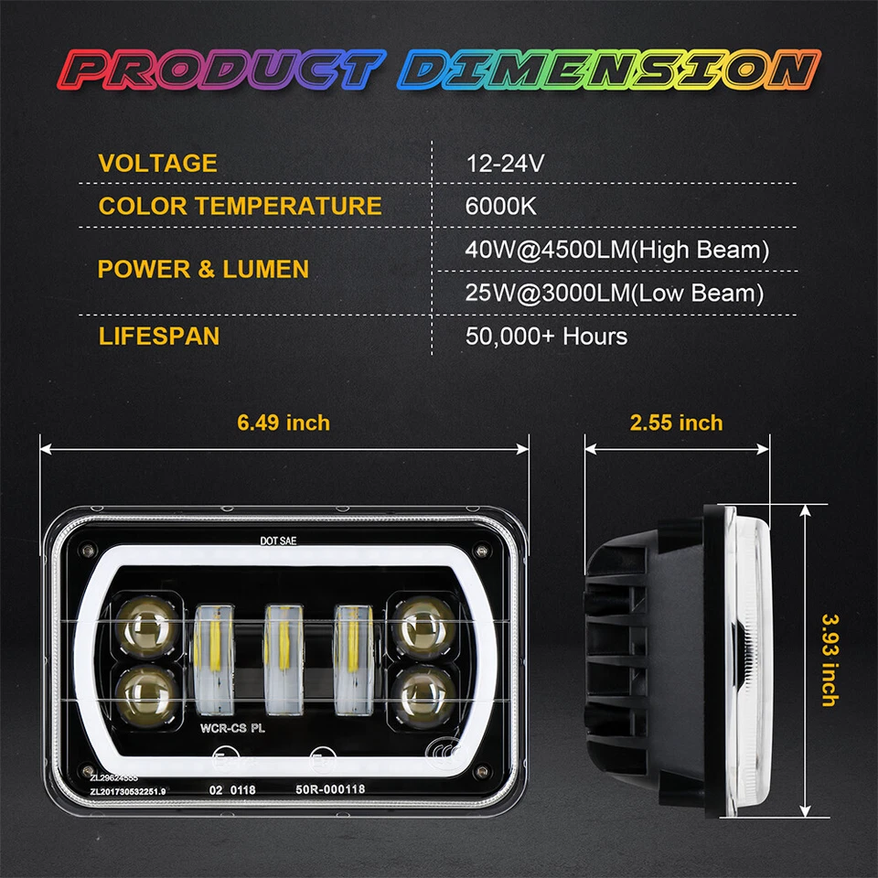 4PCS 4x6" RGB LED Headlights Hi/Lo Beam For Cadillac Fleetwood DeVille 1975-1986 - Image 2 of 4