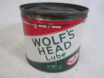 Vintage Wolf's Head Lube empty 1 lb. grease oil can