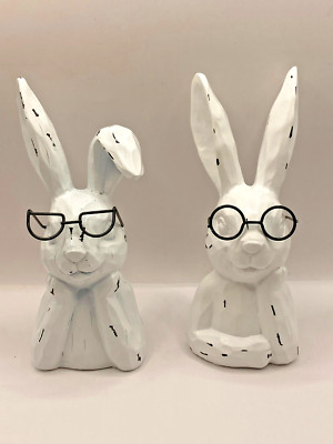 HOBBY LOBBY DISTRESSED 7'' BUNNY RABBIT WITH GLASSES SHABBY CHIC SET OF TWO (2)
