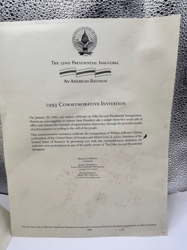 Vintage 1993 President Bill Clinton and Albert Gore Inauguration Invitation - Picture 4 of 5