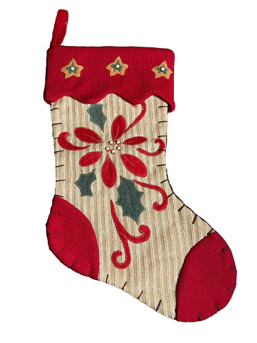 Christmas Stocking Handmade Holly Red Poinsettia Stars Beads Appliqué Lined VTG