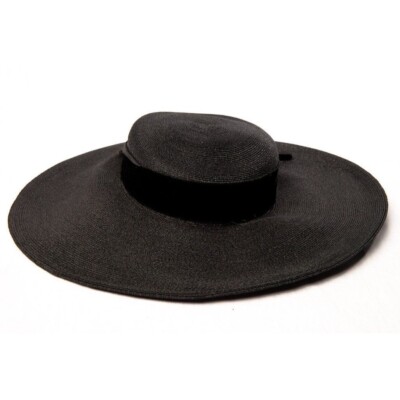 1960's Women's Black Hat With Black Velvet Black Bow Extra Wide
