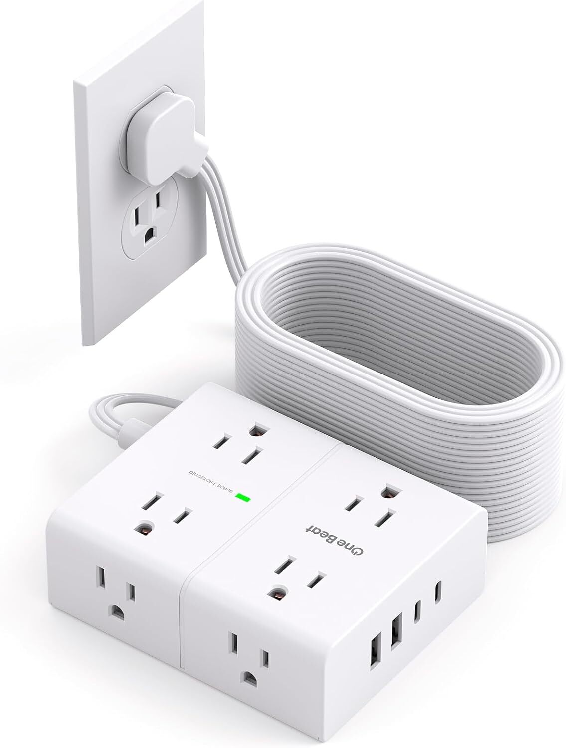 Surge Protector Power Strip 15 ft Cord, Flat Plug Extension Cord 15 FT, White-image