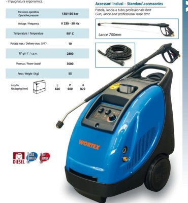 Diesel Hochdruckreiniger Wortex Vapo 10/130 Heißwasser 90°C 3000W 2800 U/min