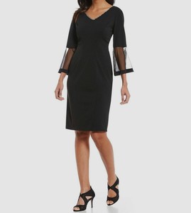 alex evenings illusion mesh bell sleeve crepe sheath dress