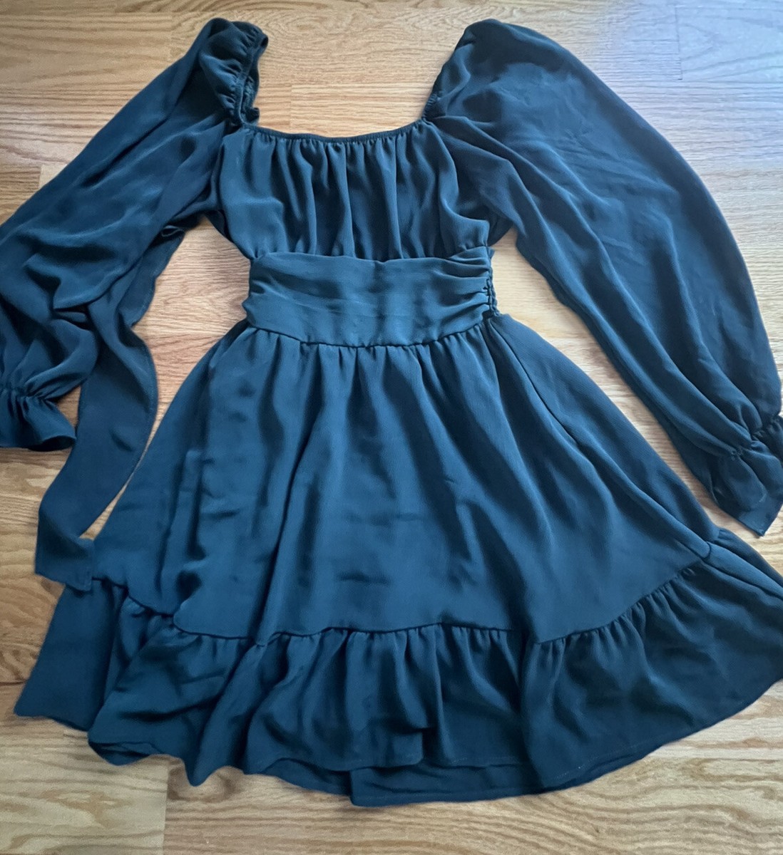 Women Tie Back Christmas Peacock Blue Dress Long Sleeve Raffle Size S