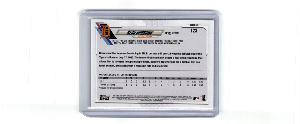 2021 Topps Orange Stars Beau Burrows Rookie Ltdto99 Detroit Tigers #123 - Image 2 of 2