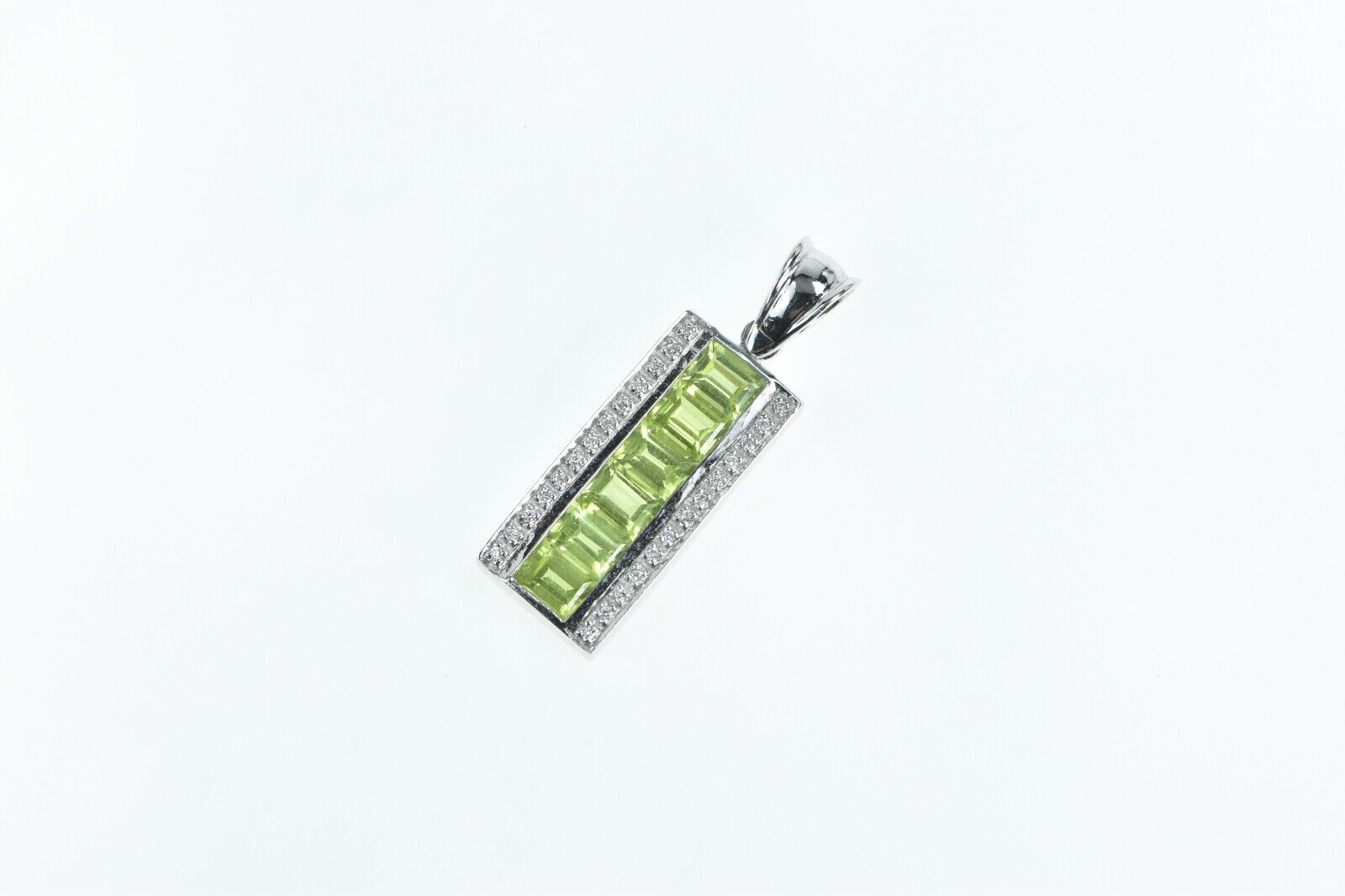 18K Emerald Cut Peridot Diamond Bar Pendant White… - image 1