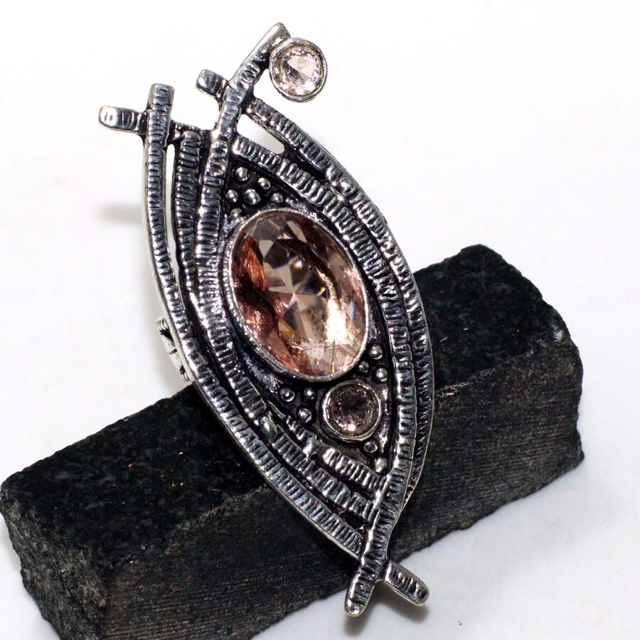 925 Silver Plated Morganite Ethnic Ring Handmade US 6.5 Jewelry
