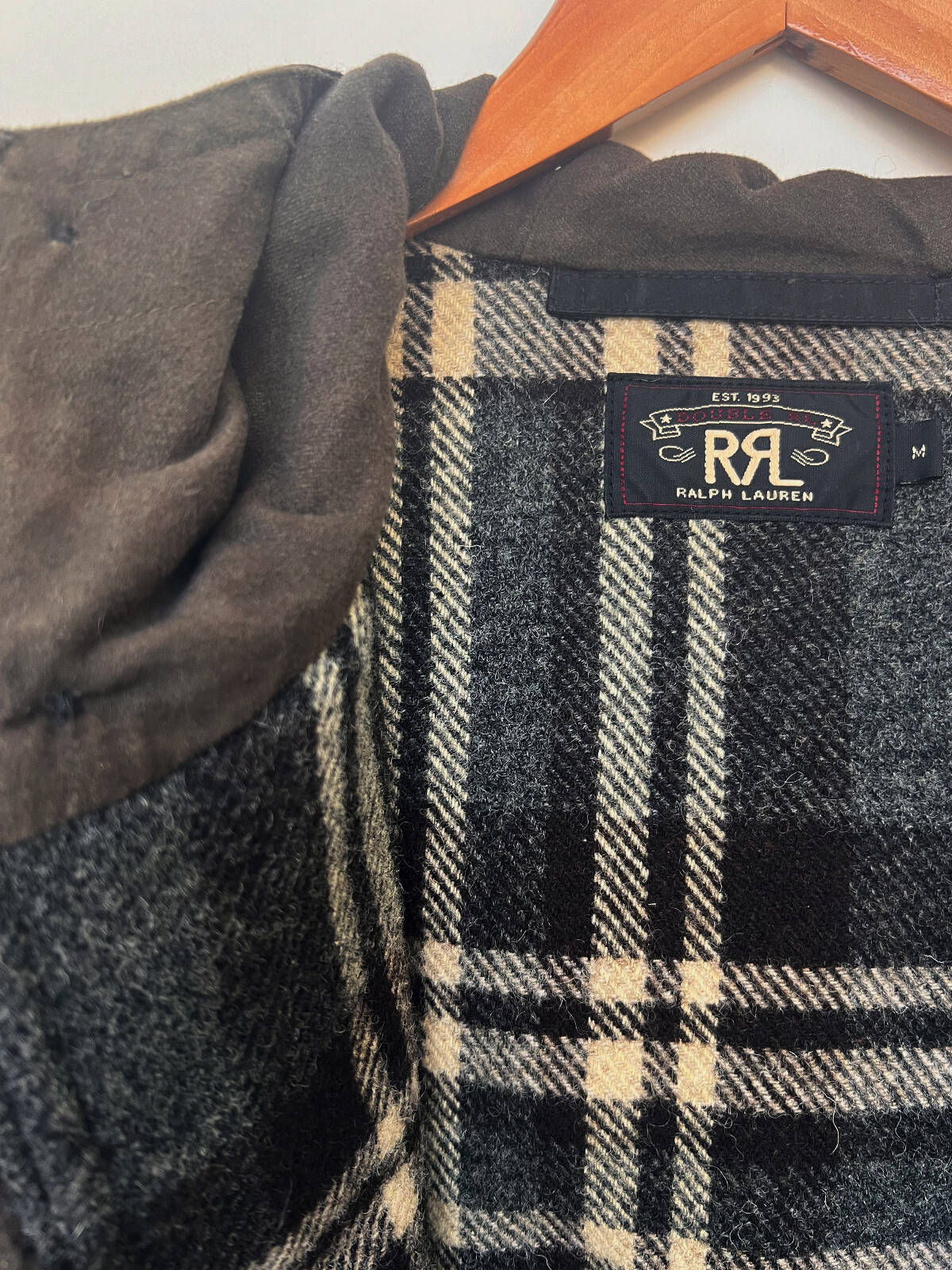 RRL Wool Grey Brown Black Check Coat with Hoodie RARE STYLE size M image 2
