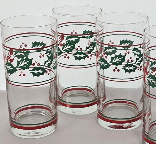 4 Holly & Red Bow Christmas Highball Glasses Tumblers 5.5" holiday Brazil 12oz - Picture 3 of 11