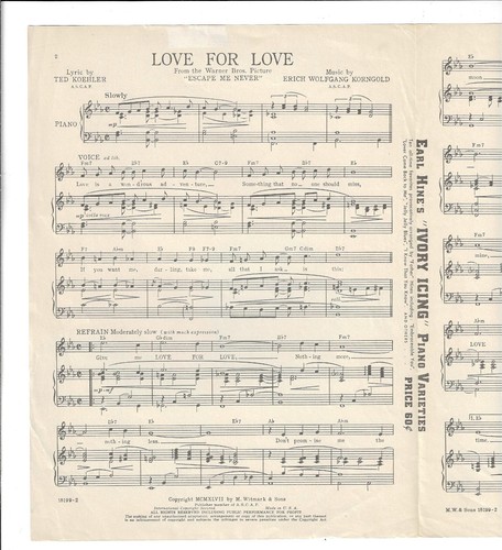 ERROL FLYNN & IDA LUPINO Sheet Music LOVE FOR LOVE from ESCAPE ME NEVER 1942 - Picture 2 of 4