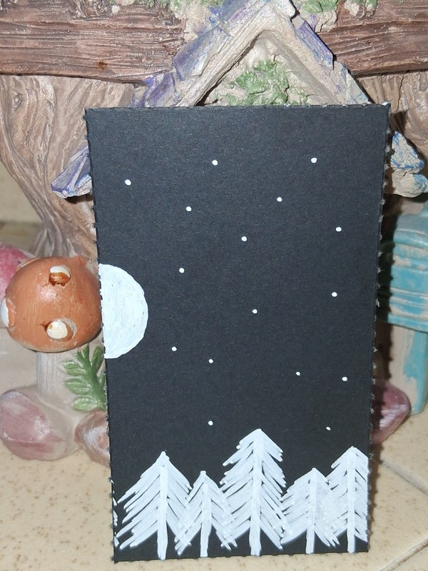 ACEO Original Art Card Moonlit Pine Forest Night Sky OOAK Miniature Painting