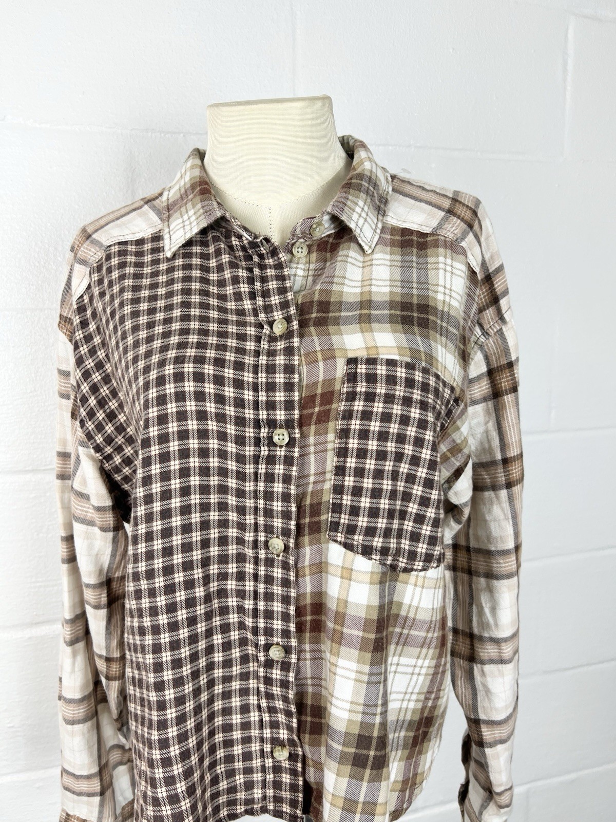 American Eagle Cropped Patchwork Mixed Plaid Flan… - image 4