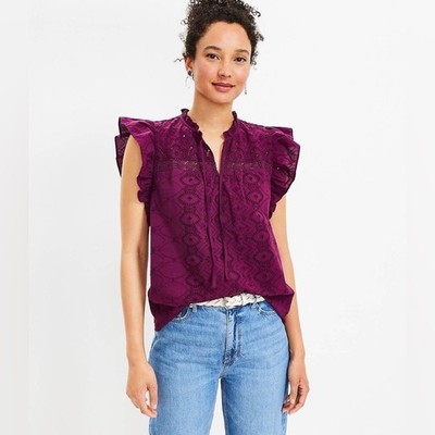 NWT LOFT Eyelet Flutter Sleeve Tie Neck Top Large Romantic Boho Chic Lightweight