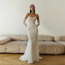 Luxury Lace Wedding Dresses with Pearls Mermaid Strapless Detachable Sleeves
