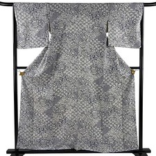 JAPANESE KIMONO FINE PATTERN BLUE-GRAY 158cm 5 ft 2 in PURE SILK B1799