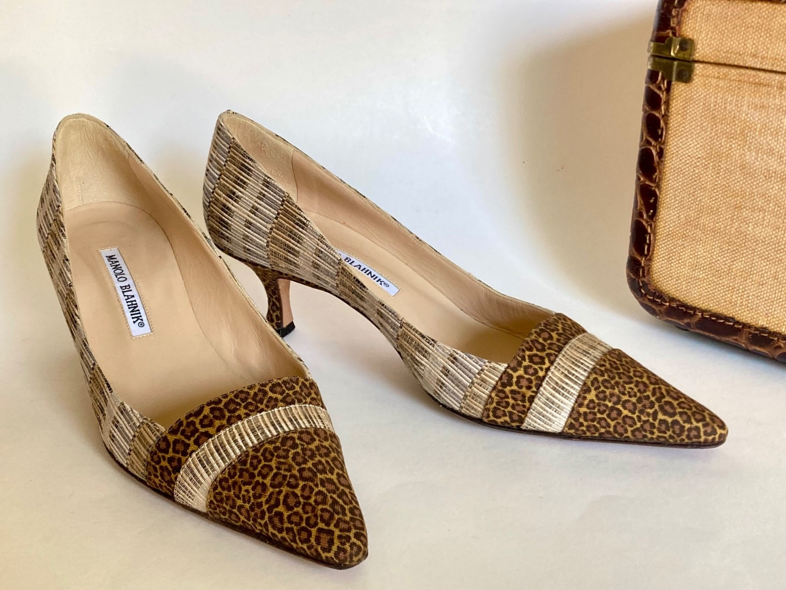 Manolo Blahnik Tweed and Leopard Print Kitten Heels