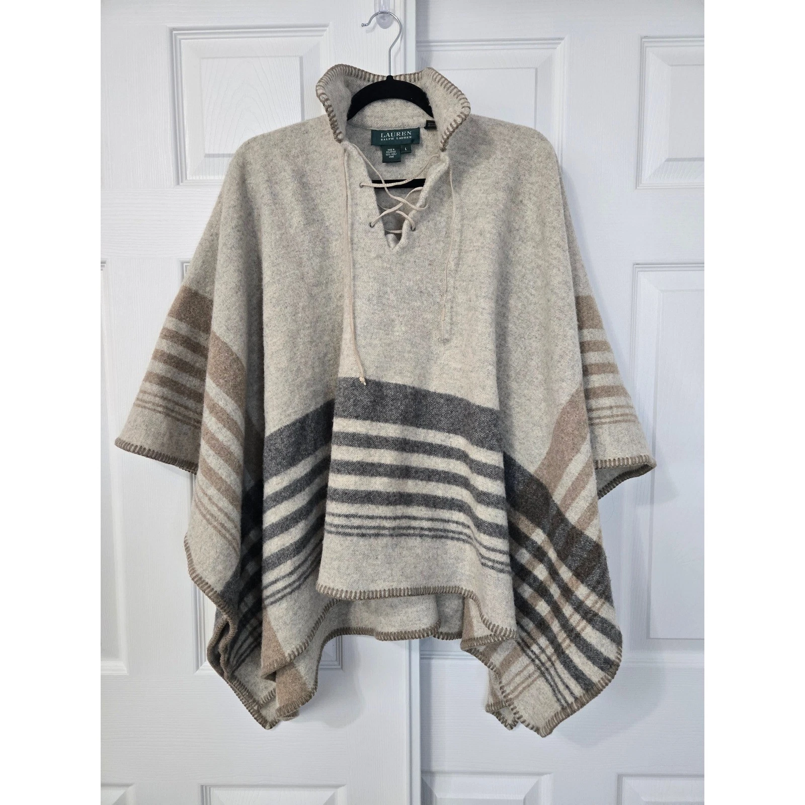 Vintage Ralph Lauren Wool Poncho Lace Up Striped Cape Oatmeal Gray Brown OS