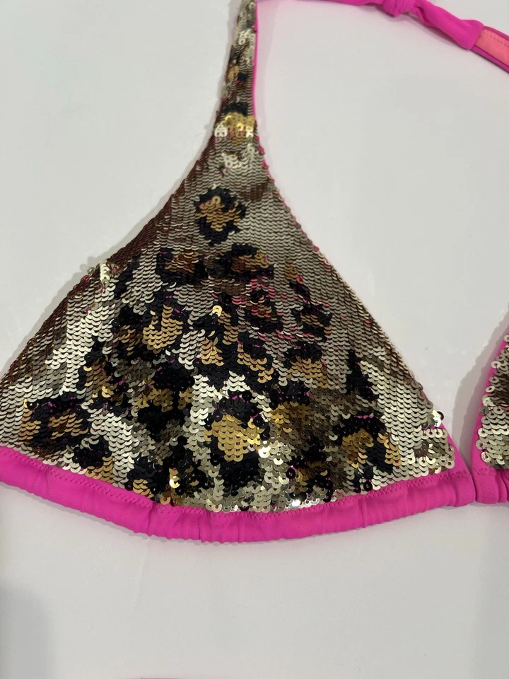 Vintage Y2K Victorias Secret Triangle Bikini Top Fuchsia Pink Sequin Leopard - L - Image 2 of 4