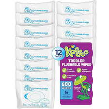 Kandoo Flushable Wipes for Kids, Unscented Hypoallergenic, 50 Count, 12 Pack