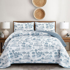 Blue Quilt Set King Size, Toile Farmhouse Bedspreads, 3 Pieces Rustic Village La
