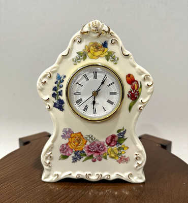 Floral Ceramic Mantel Clock Quartz Analog Roman Numerals White Glossy 8 in